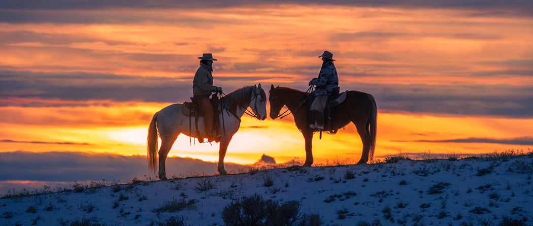 People riding horses and admiring a sunset